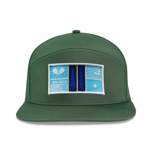 Green cap with a blue and white patch on a white background