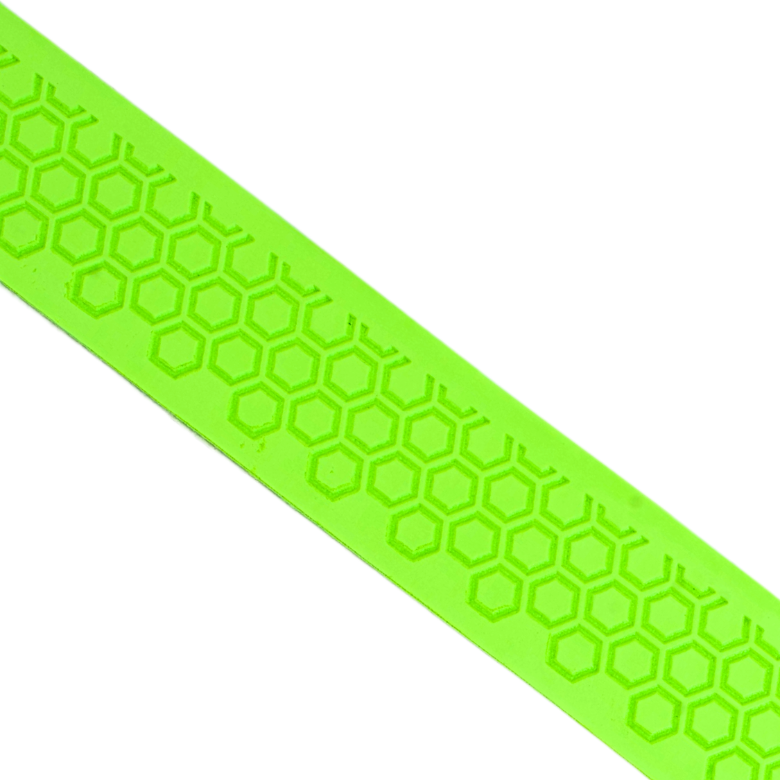 Close-up of Happy Handles  Neon Green Pickleball Grip featuring textured hexagon pattern with neon green background