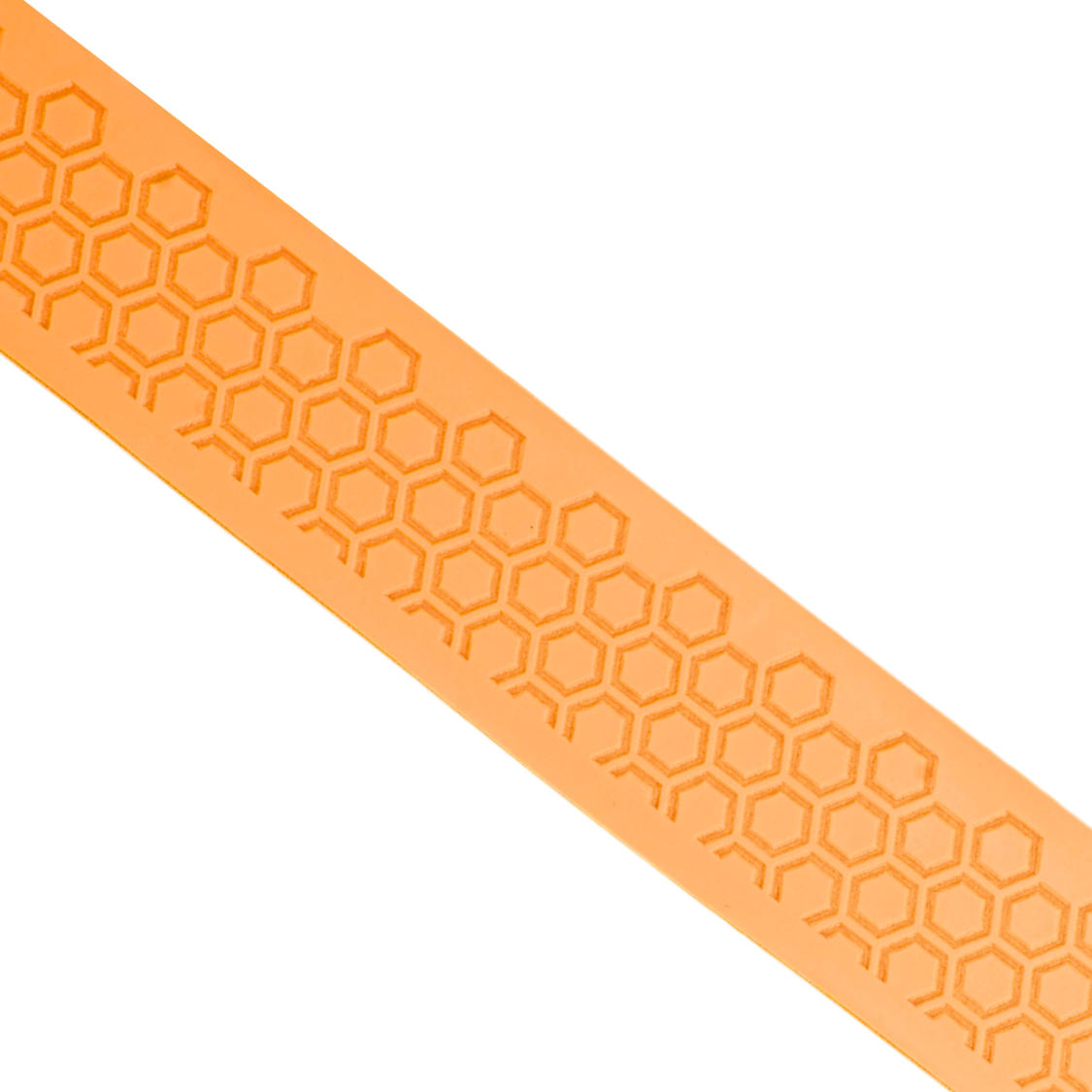 Close-up of Happy Handles  Neon Orange Pickleball Grip featuring textured hexagon pattern with neon orange background