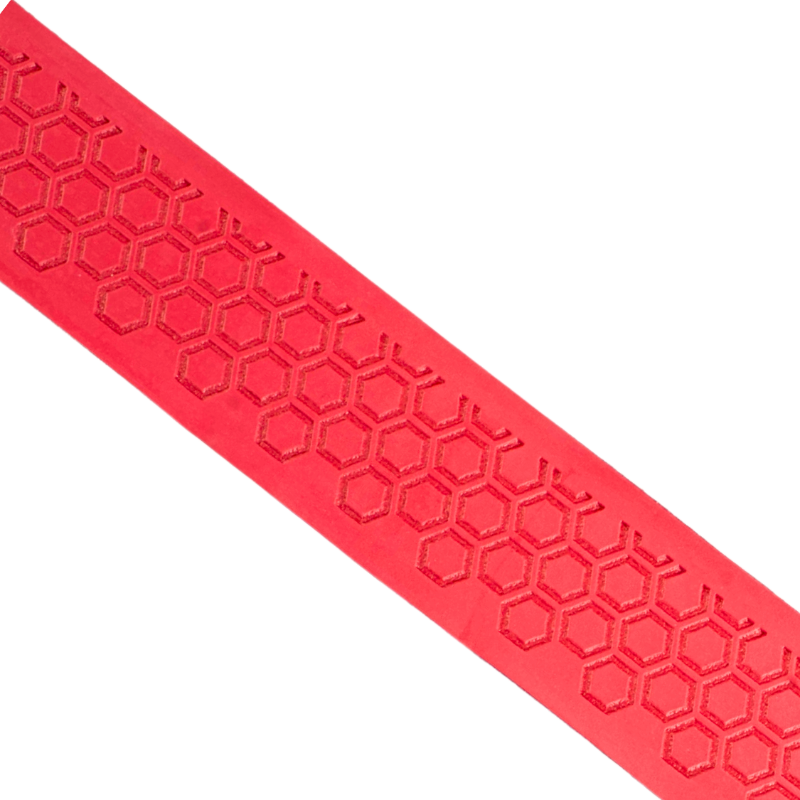 Close-up of Happy Handles Radiant Red Pickleball Grip featuring textured hexagon pattern with red background