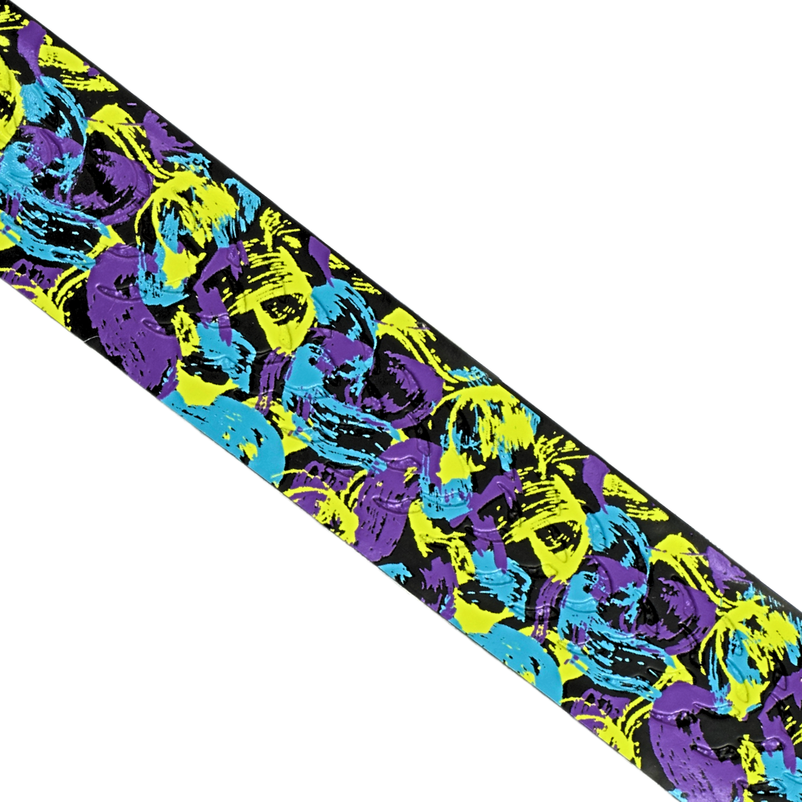 Close-up of Happy Handles Overpriced Abstract Art Pickleball Grip featuring purple, yellow, an blue paint swirls with black background