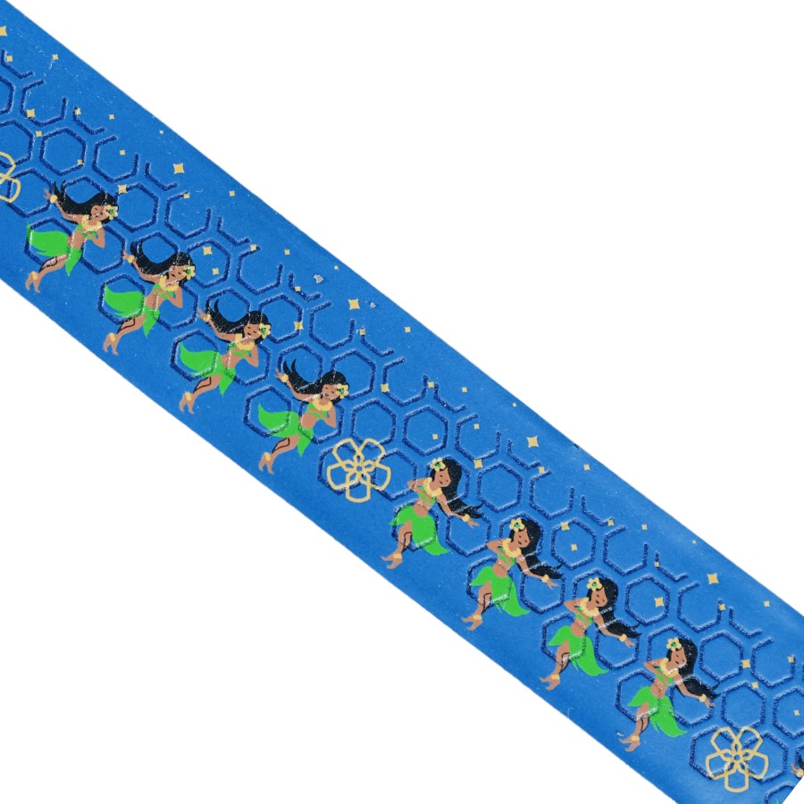 Close-up of Happy Handles Hula Hula Pickleball Grip featuring a hula girls and yellow hibiscus flower with blue background