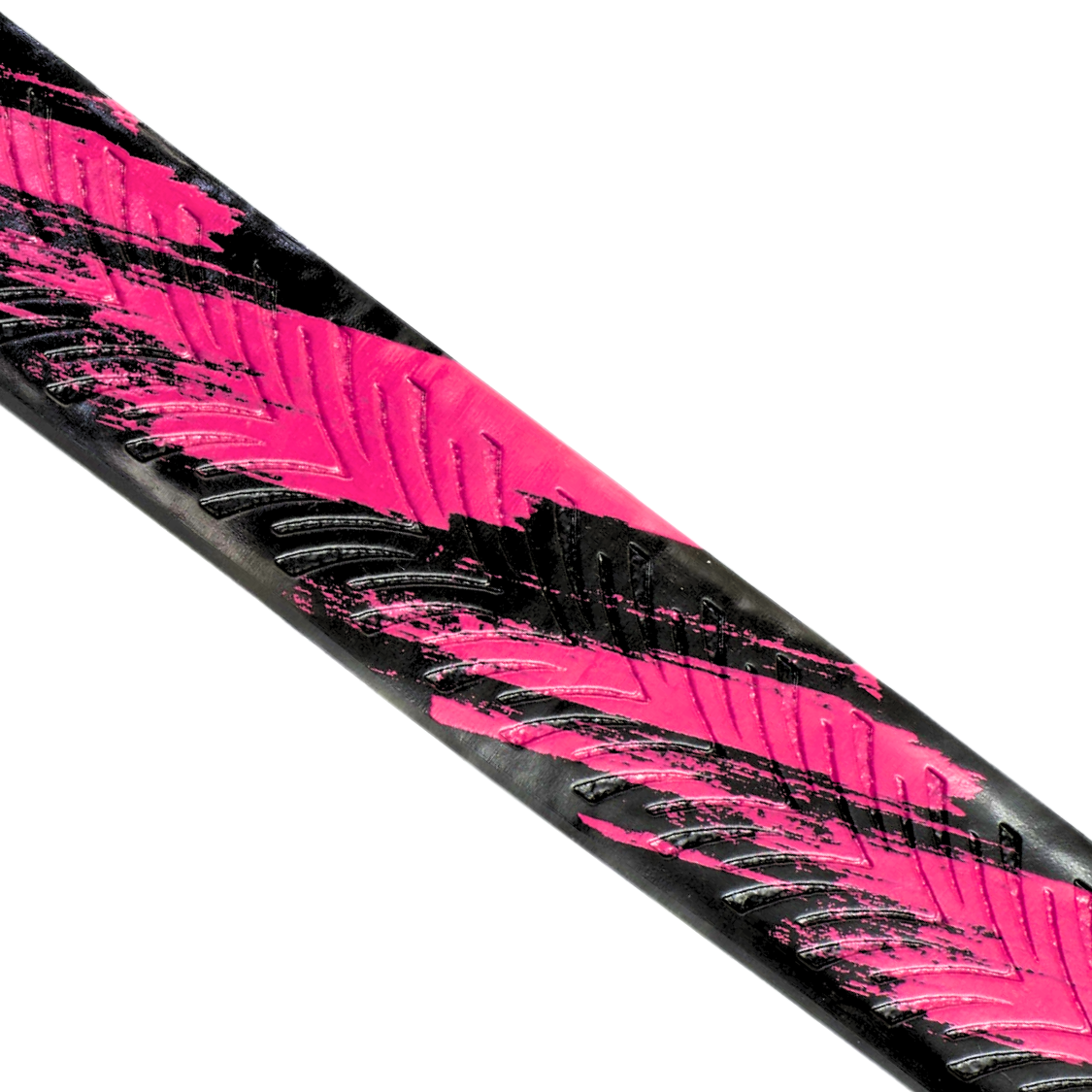 Close-up of Happy Handles Brushed Pink Pickleball Grip featuring black brush stroke effect on a pink background