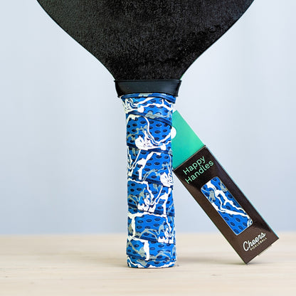 Happy Handles Paint Swirl, Blue with with white and gray paint swirl design displayed on a paddle