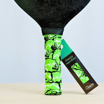 Happy Handles Paint Swirl, Green with with white and black paint swirl design displayed on a paddle