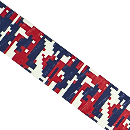 Close-up of Happy Handles Digital Camo Pickleball Grip featuring a red on white with blue digital camo design background