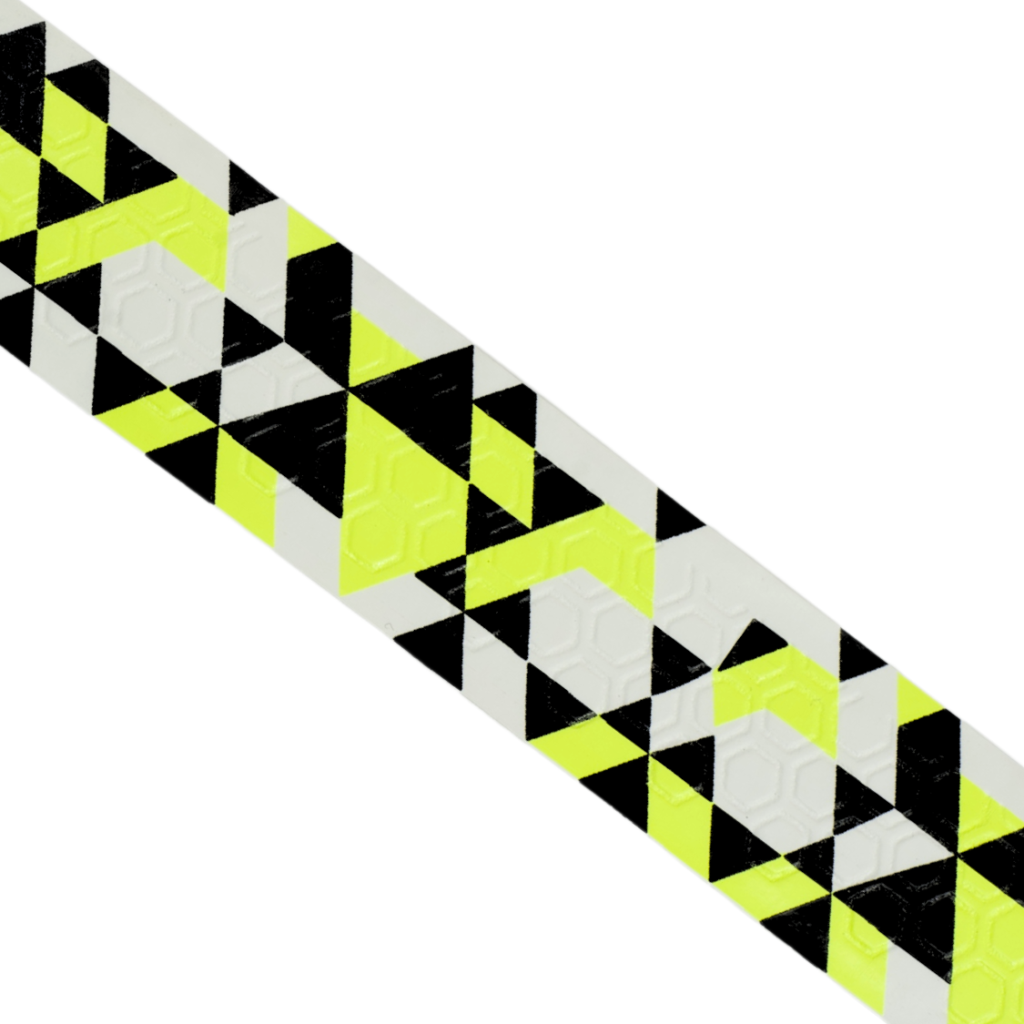 Close-up of Happy Handles Electric Beehive Pickleball Grip featuring a yellow and black geometrics with white background