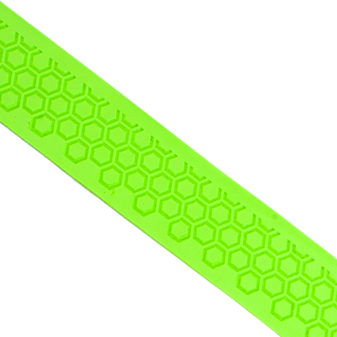 Close-up of Happy Handles Pure Neon Green Pickleball Grip featuring textured hexagon pattern with neon green background