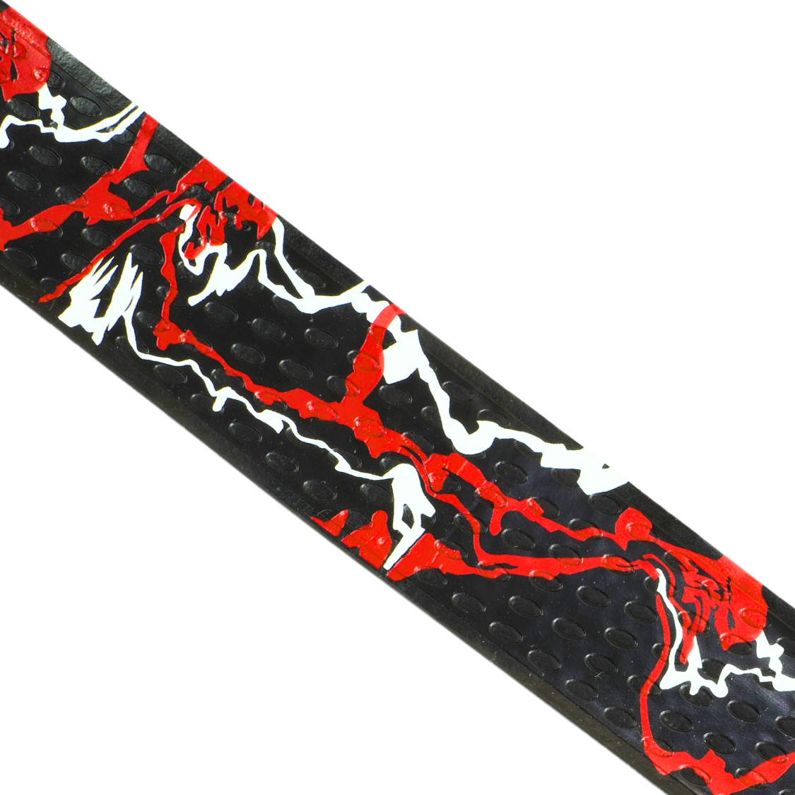 Close-up of Happy Handles Paint Swirl, Black Pickleball Grip featuring red and white paint swirls with black background