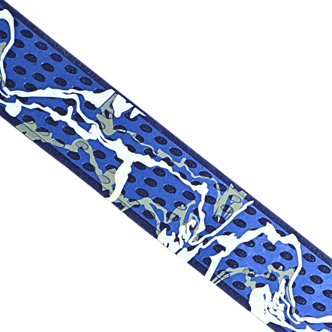 Close-up of Happy Handles Paint Swirl, Blue Pickleball Grip featuring white and gray paint swirls with blue background