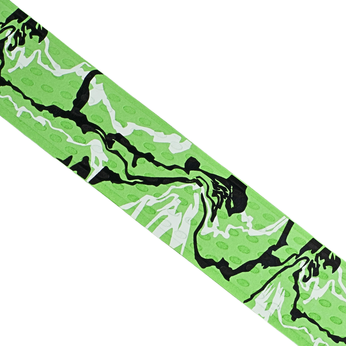 Close-up of Happy Handles Paint Swirl, Green Pickleball Grip featuring white and black paint swirls with green background