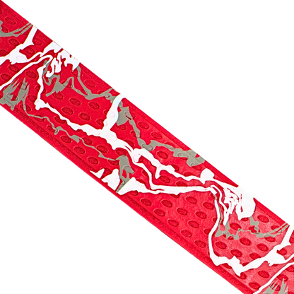 Close-up of Happy Handles Paint Swirl, Red Pickleball Grip featuring white and gray paint swirls with red background