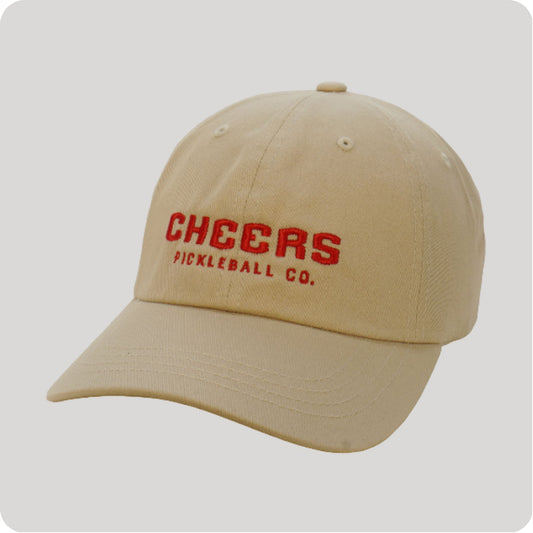 Dad Hat in Stone with Red Cheers Wordmark Cheers Pickleball Co.